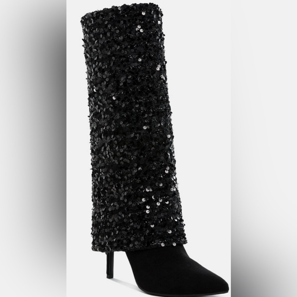 Black Sequin fold over calf  Boots